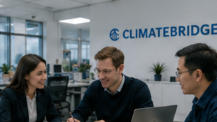 Colleagues collaborating around a laptop in a Climate Bridge office
